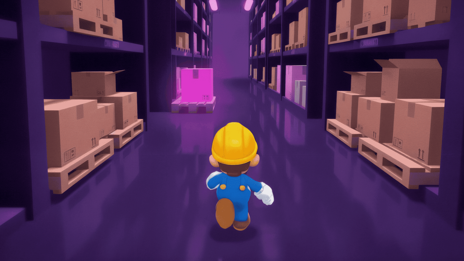 Cartoon worker exploring warehouse with shelves and boxes.