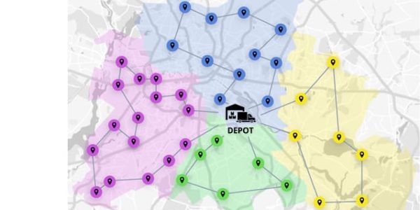Map showing depot with color-coded delivery zones.