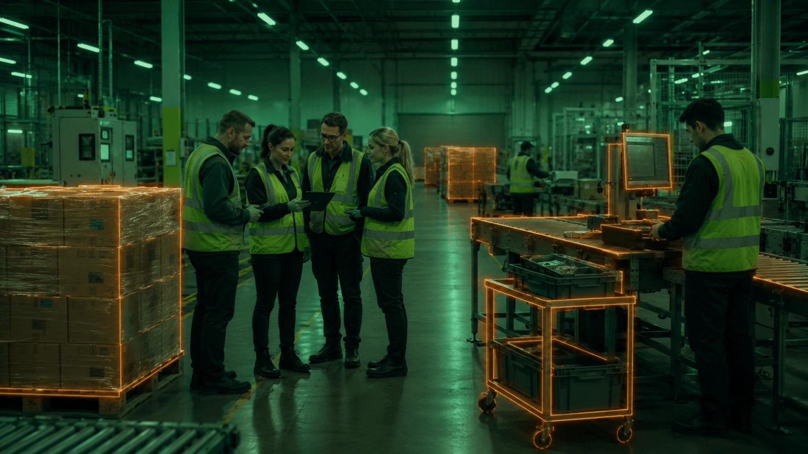 Warehouse workers in neon-lit industrial setting