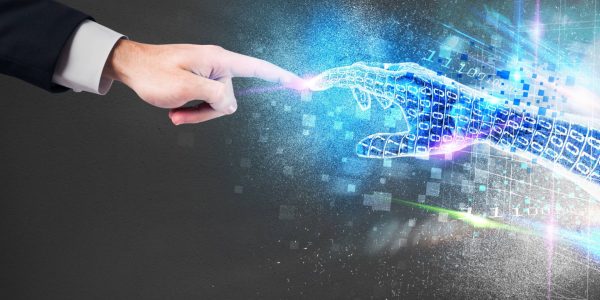 Human and digital hand touching, technology concept.