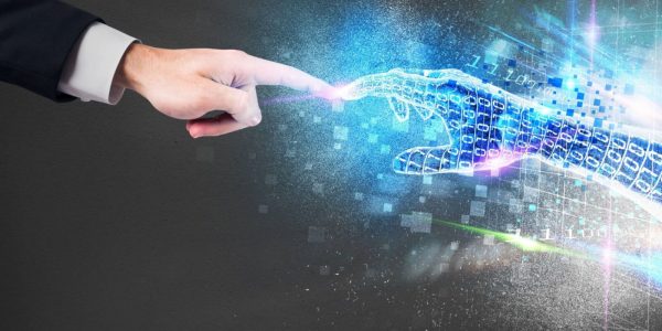 Human and digital hand touching, technology concept.
