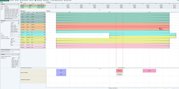 Colorful electronic program guide interface with schedule bars.