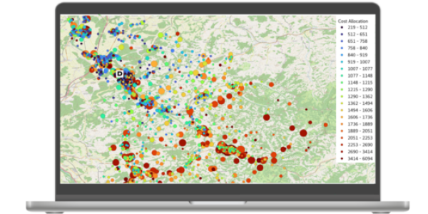 Digital map with colorful data points on laptop