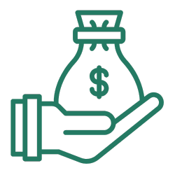 Hand holding money bag icon, finance concept.