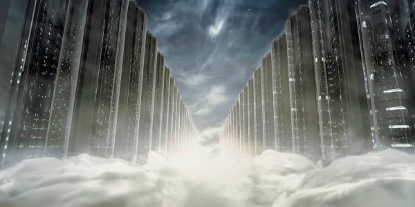 Futuristic data center with cloudy atmosphere