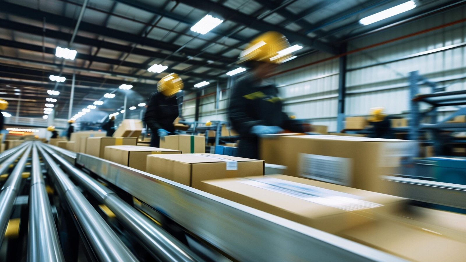 Workers sorting boxes on conveyor belt in warehouse.