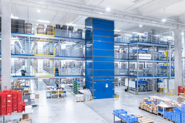 Modern warehouse with shelving and stock boxes.