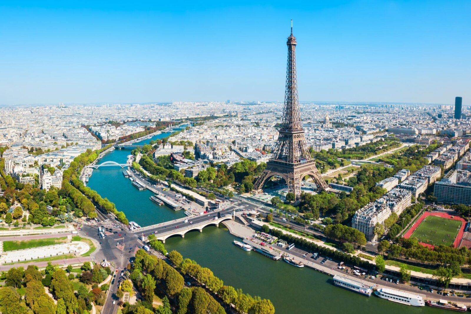 Aerial view of Eiffel Tower and Seine River, Paris.